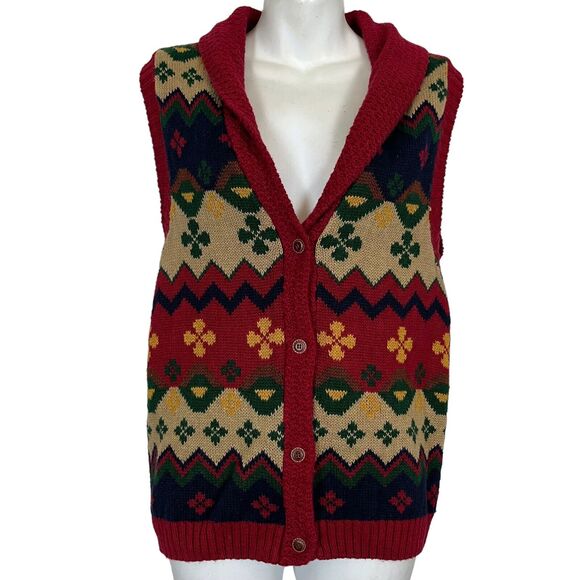 Gina Peters Vintage Red Green Blue Cardigan Vest Chunky Knit Sweater sz Small - Picture 1 of 16